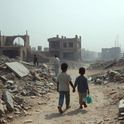 Bambini yemeniti che camminano tra le macerie di un edificio distrutto.