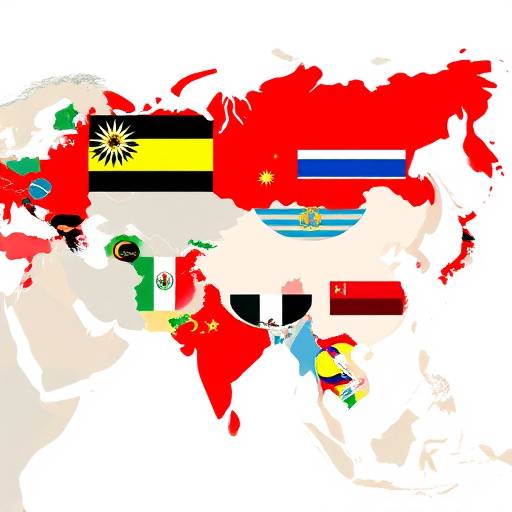 Mappa stilizzata dell'Asia Centrale che mostra diverse bandiere nazionali.