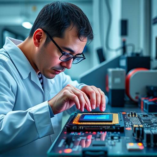 Un ingegnere che lavora su un chip di silicio in un laboratorio high-tech a Milano