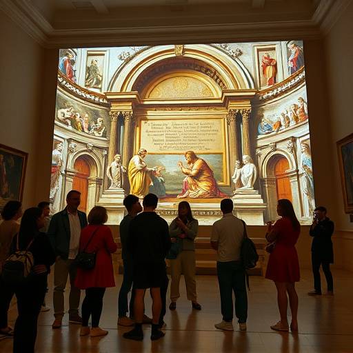 Visitatori che interagiscono con una proiezione digitale di un'opera d'arte rinascimentale